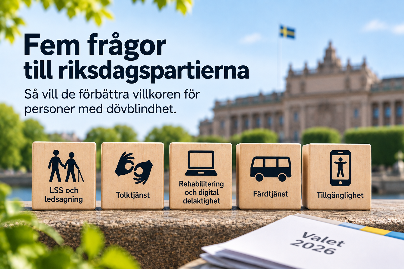 Bilden visar fem träklossar med symboler för LSS och ledsagning, tolktjänst, rehabilitering och digital delaktighet, färdtjänst samt tillgänglighet. I bakgrunden syns en riksdagsbyggnad och en svensk flagga, och i förgrunden ligger ett häfte med texten ”Valet 2026”. Överst står rubriken ”Fem frågor till riksdagspartierna” och texten ”Så vill de förbättra villkoren för personer med dövblindhet.”